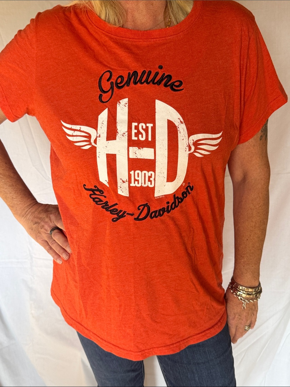 Harley-Davidson Orange Crewneck T-Shirt with White & Black Graphic
